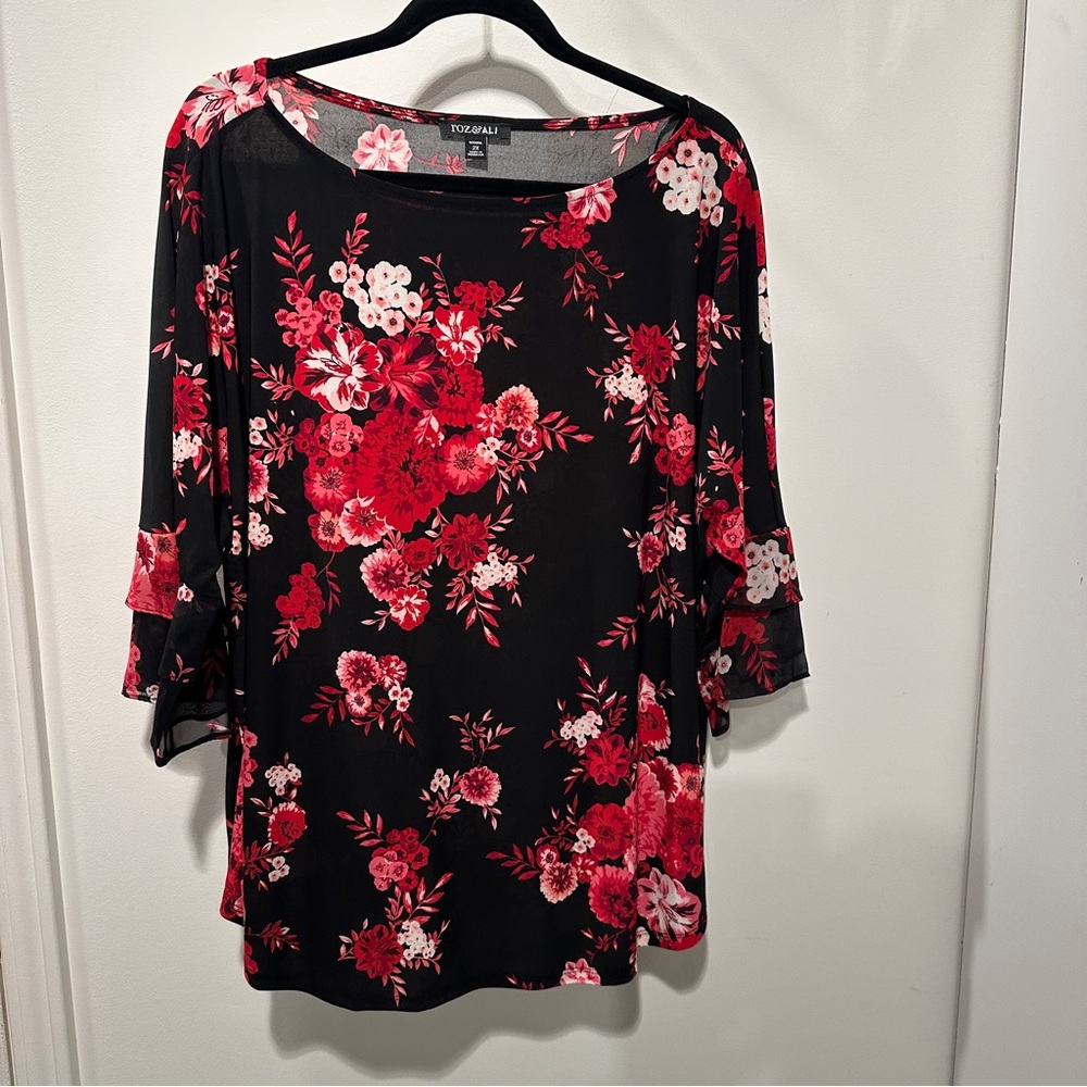 Roz & Ali Black and Red, Pink Floral Print Blouse 2X